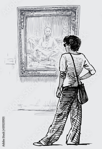 Hand drawing of young woman looking at picture in city museum
