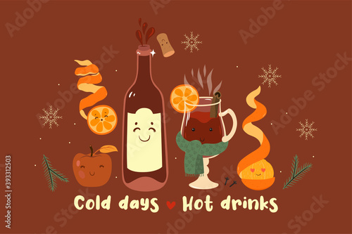 Cold days Hot drinks. Postcard with mulled wine. Vector graphics