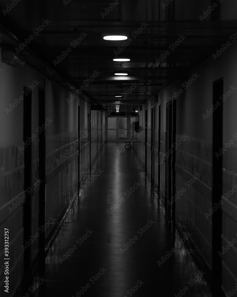 Empty hospital corridor at night
