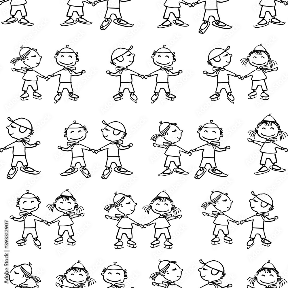 Seamless pattern of outlines of funny cartoon kids skiing and skating Seamless pattern of outlines of funny cartoon kids skiing and skating