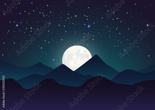 night landscape with mountains. Moon and stars background. Vector EPS 10.