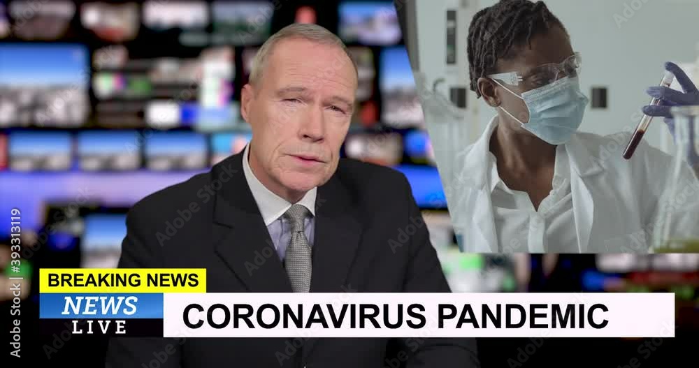 Male television news presenter in tv studio, breaking news about coronavirus vaccine Male television news presenter in tv studio, breaking news about coronavirus vaccine