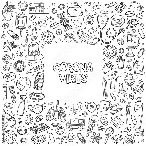 Hand drawn vector doodle frame of Coronavirus Covid-19 outbreak