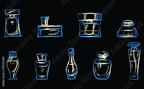 Vector image of set outlines different perfumes bottles