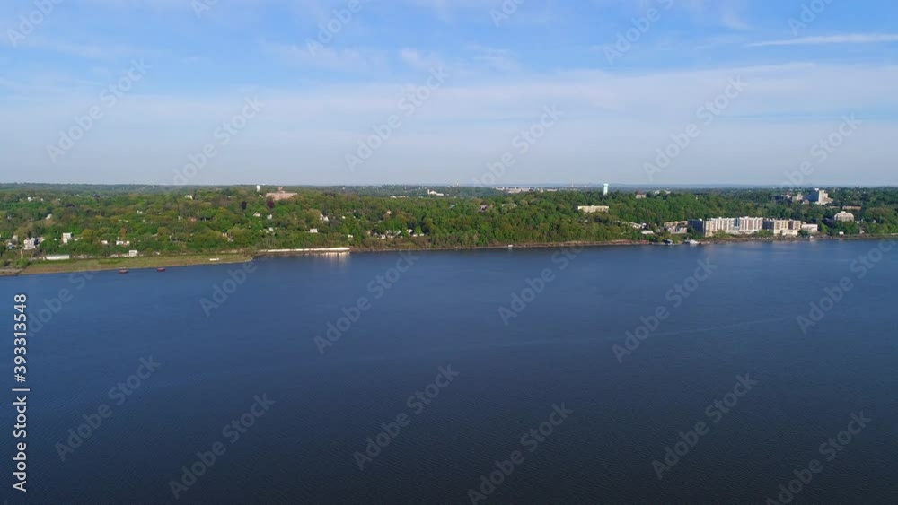 View of the Hudson River with Yonkers, New York on the Other Side - Rising Crane Shot View of the Hudson River with Yonkers, New York on the Other Side - Rising Crane Shot