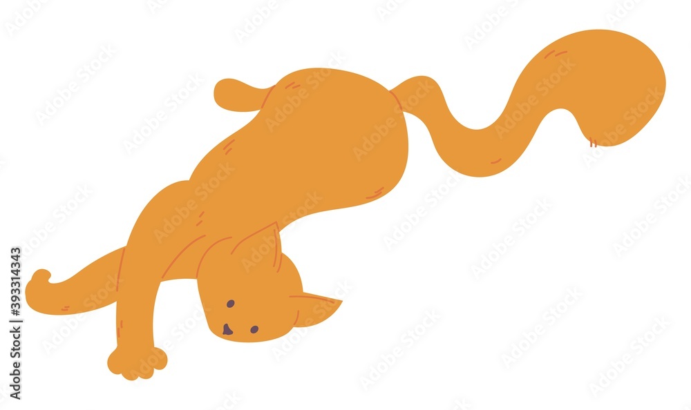 Relaxed ginger cat laying on floor. Lovely character with open eyes in cartoon style