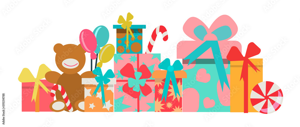 Set of holiday boxes and toys for Christmas, new year, birthday. Gifts and a bear for Valentine's day.Flat style vector concept holiday illustration Isolated on white background.horizontal composition Set of holiday boxes and toys for Christmas, new year, birthday. Gifts and a bear for Valentine's day.Flat style vector concept holiday illustration Isolated on white background.horizontal composition