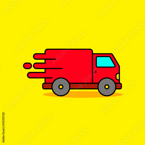Simple red delivery truck vector illustration isolated on yellow background. Linear color style delivery truck icon 