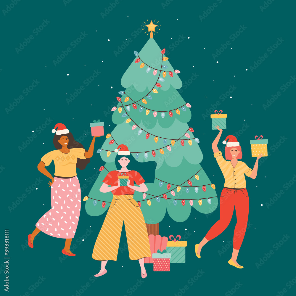 Happy female friends to celebrate the new year or Christmas. Positive women in Santa hats hold a pile of gift boxes against the background of a Christmas tree. New year party. Vector flat illustration Happy female friends to celebrate the new year or Christmas. Positive women in Santa hats hold a pile of gift boxes against the background of a Christmas tree. New year party. Vector flat illustration