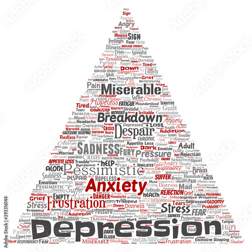 Vector conceptual depression or mental emotional disorder problem triangle arrow word cloud isolated background. Collage of anxiety sadness, negative sad, despair, unhappy, frustration symptom