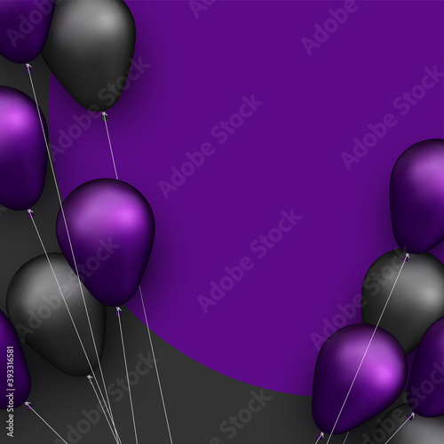 Black and violet foil balloons with threads on black background.