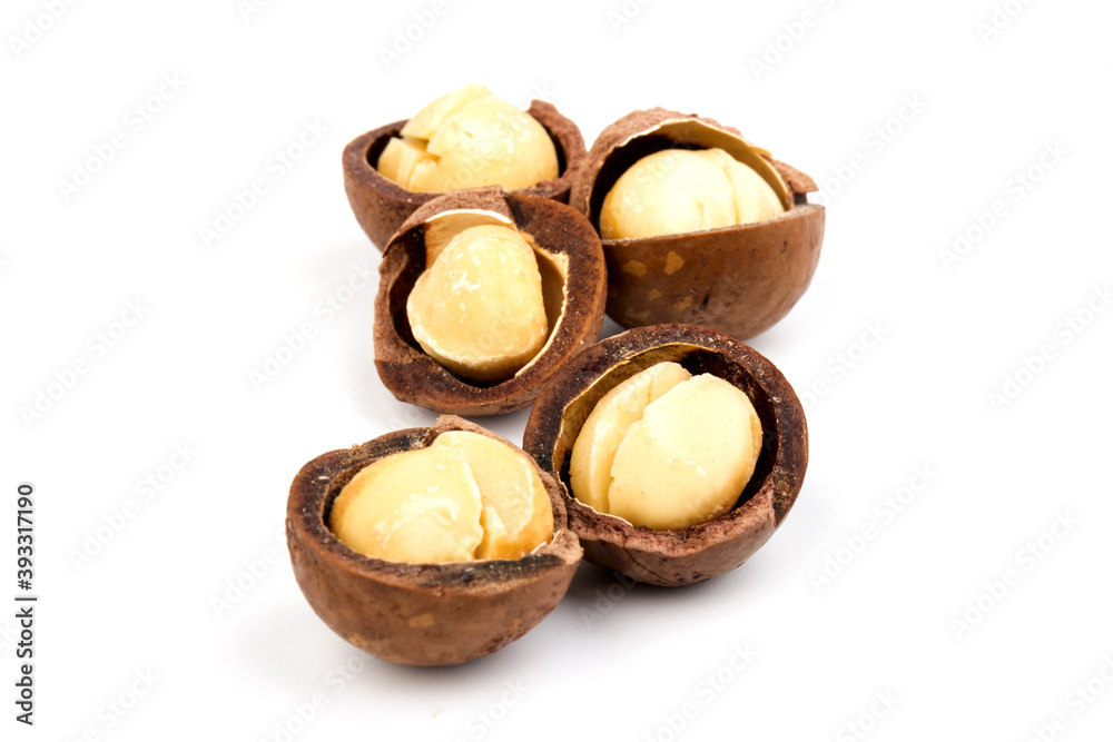macadam nuts with clipping path on a white isolated background macadam nuts with clipping path on a white isolated background