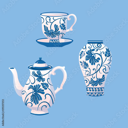 Classic Blue Vintage Style Ceramic Crockery Vector Decorative Isolated Elements Set