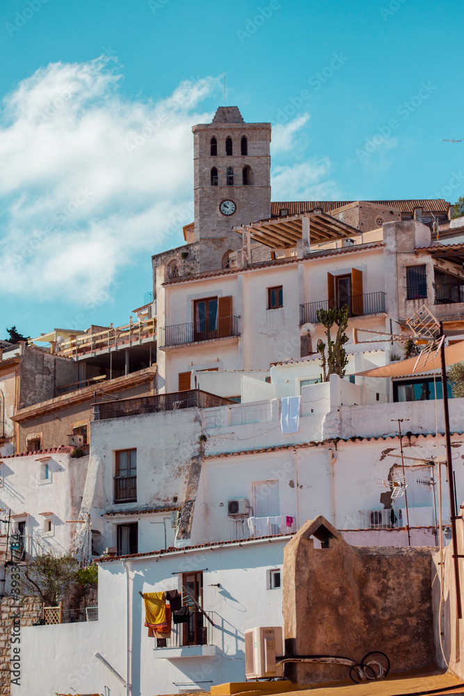 Church in the city centre on a mountain in Ibiza