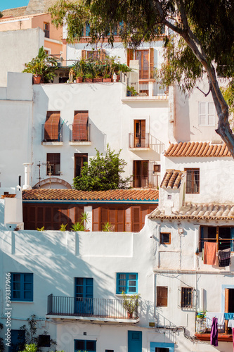 Cute houses on a mountain in Ibiza with colorful doors and a tree