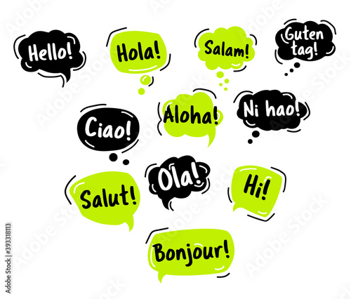 Speech Bubble. Hello, in different languages of the world. Hand drawn doodle talking bubbles. Bright green thought bubbles. concept of a dialog. Vector illustration.
