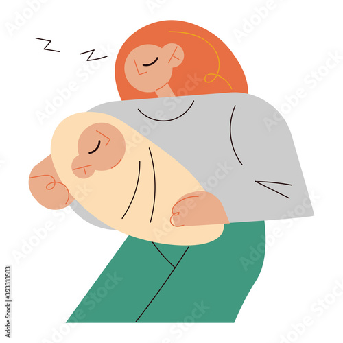 Sleepy tired woman with small baby on hands standing and napping