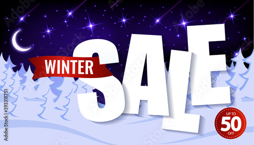 Paper Text, winter sale up to 50 percent. on the background of winter snow forest. Christmas Banner to advertise the store. Vector horizontal promo illustration.