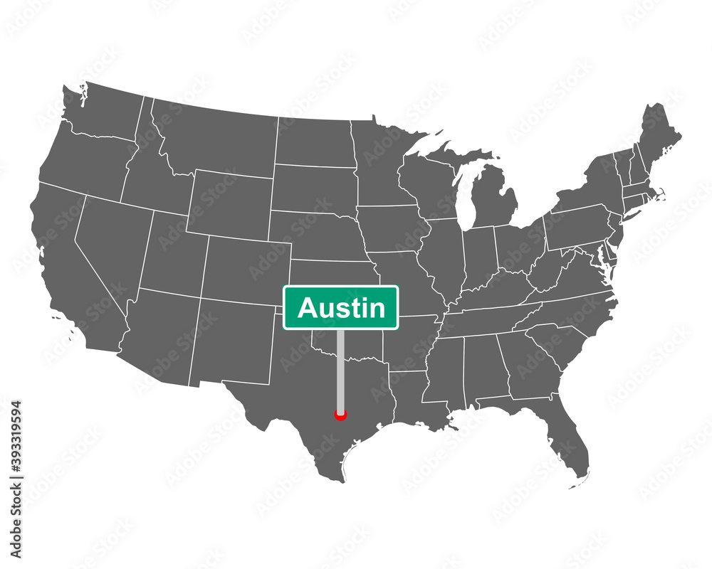 Austin Ortsschild und Karte der USA