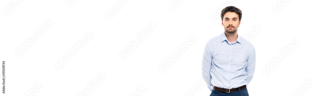 Young businessman looking at camera isolated on white, banner Young businessman looking at camera isolated on white, banner