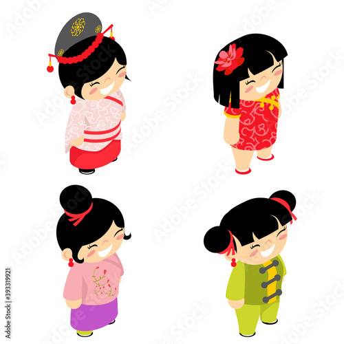 New year wear chinese girls flat design characters set vector illustration