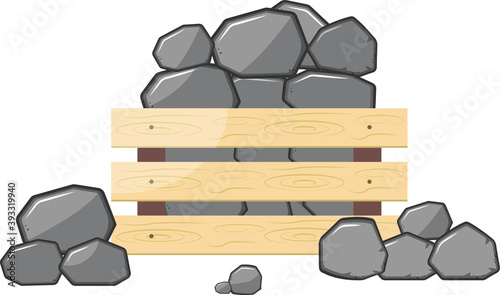 A pile of stones. Wooden box with stones.