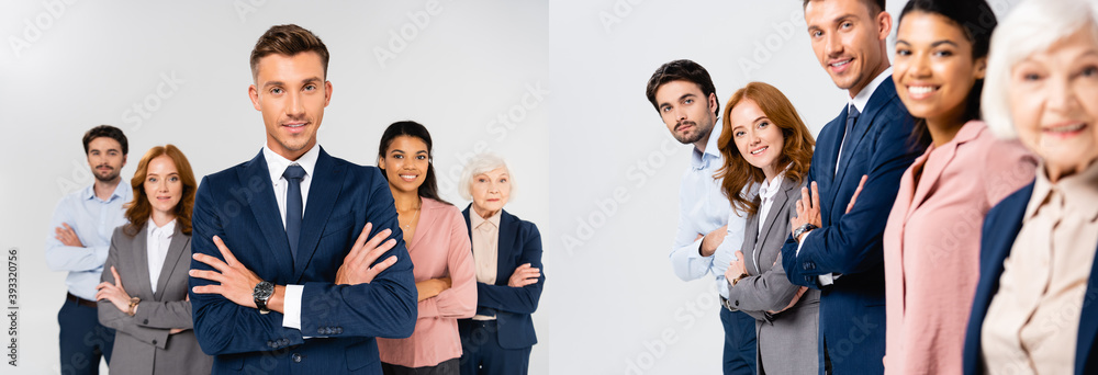 Collage of smiling multiethnic businesspeople with crossed arms looking at camera isolated on grey, banner