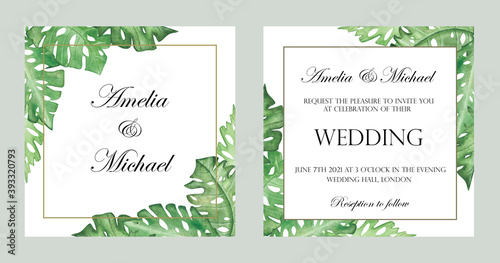 Watercolor hand painted nature tropical wedding frames set with green palm leaves bouquet  golden border lines and text invitation card collection on the white background