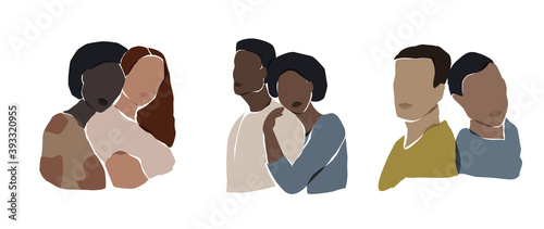 Couples of friends and lovers portraits illustration collection. Male and female. Paper cut mosaic style. Modern hand drawn vector illustrations. 