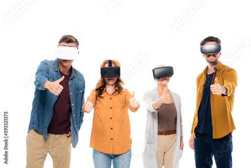 Smiling people in vr headsets showing like isolated on while