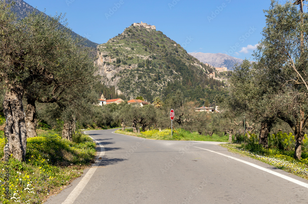 The road in a village Mystras (Greece, Peloponnese) and view of the fortress on the mountain