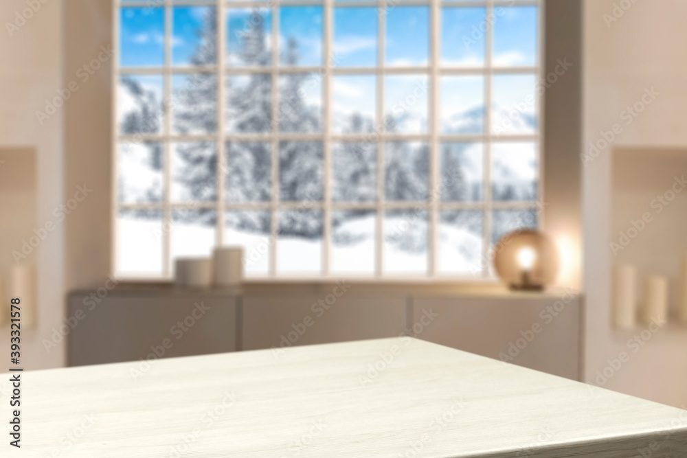Fototapeta premium Desk of free space and winter window 