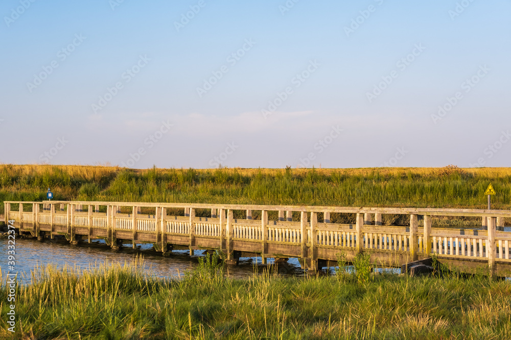 A wooden bridge in Langwarder Groden / Germany on the North Sea in the warm evening light