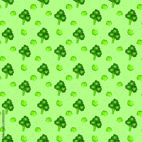 Seamless background on the theme of healthy food  cute broccoli with a smile and pink cheeks  character  brucel cabbage  small peas