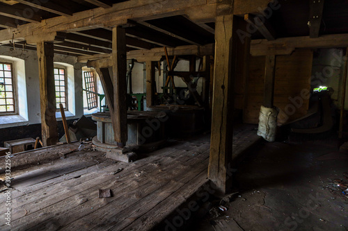 Inside an old water mill. Manufacture of the early 20th century