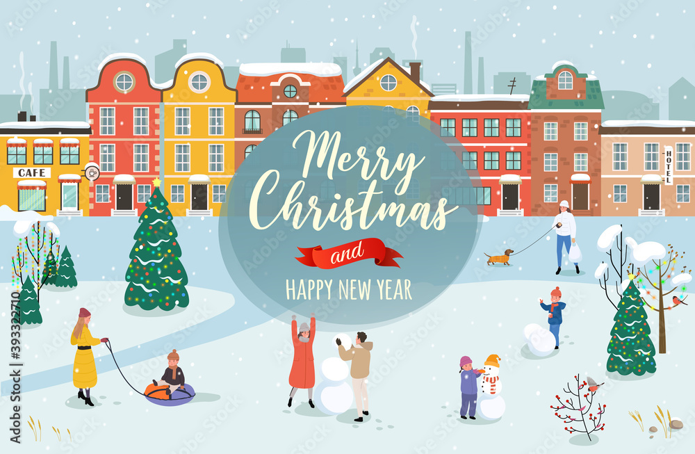 Vector illustration with the congratulation of the Merry Christmas and a happy new year. Winter christmas cityscape with active people, which walk, playing snowballs, making snowman.