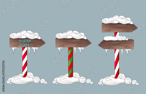 Christmas sing set. Colorful hand drawn cartoon style signpost collection. North Pole sings isolated. Snow, snowdrifts, candy cane post. Wooden signboard with icicles. Merry Christmas, New Year decor.