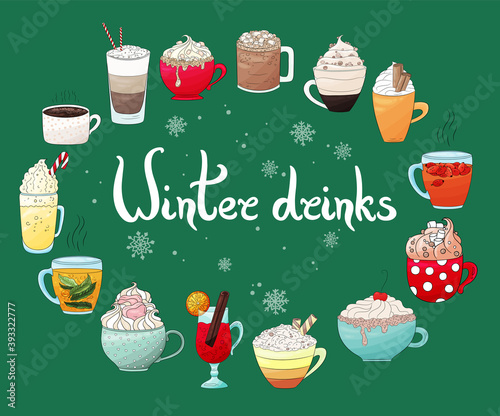 Winter drinks collection. Coffee, hot chocolate, eggnog,cacao, herbal tea, cream,mulled wine, latte, tea, grog. Hot drink vector set. Cozy holiday drinks icons set. Christmas and new year beverage.