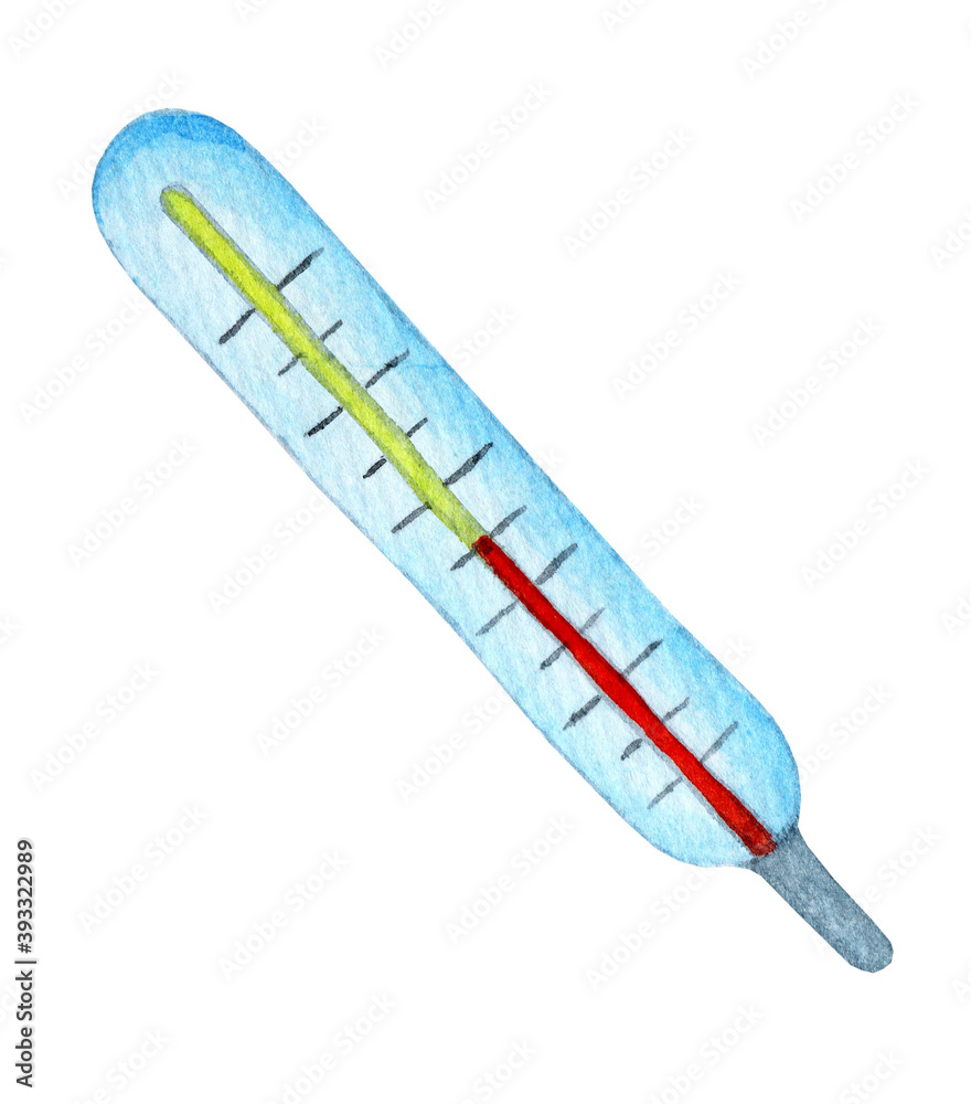 Medical thermometer. Glass thermometer for measuring human body temperature.Watercolor illustration isolated on white background. Drawn by hand. Medical thermometer. Glass thermometer for measuring human body temperature.Watercolor illustration isolated on white background. Drawn by hand.