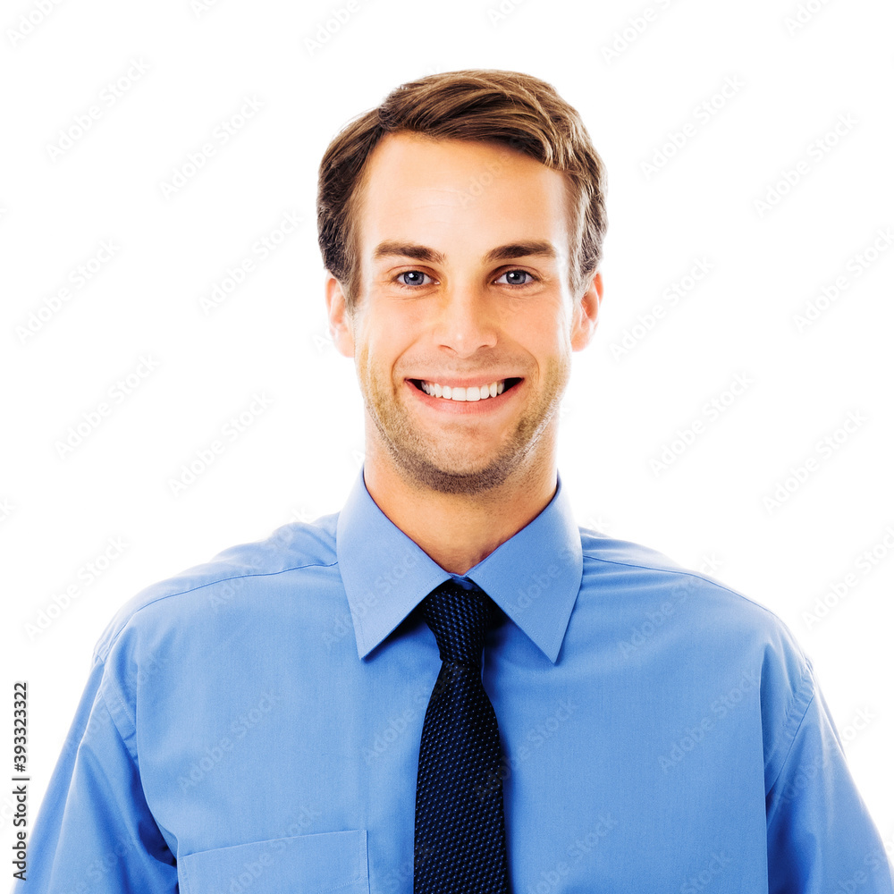 Portrait image of smiling young businessman looking at camera, isolated on white background. Handsome man in blue confident clothing at studio. Square composition picture. Portrait image of smiling young businessman looking at camera, isolated on white background. Handsome man in blue confident clothing at studio. Square composition picture.
