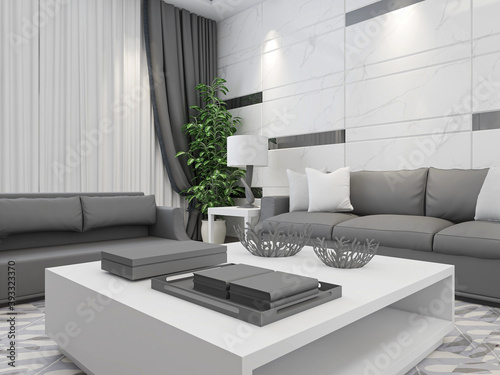  simple modern living room sofa with coffee table  with green plants on the table.