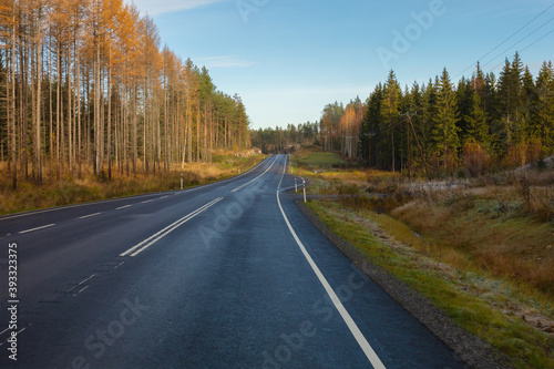 Nice track without cars. in Finland. Good visibility on the road. Autumn day.