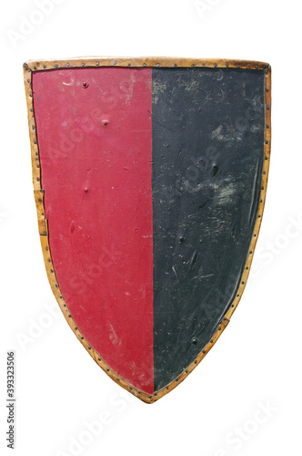 A wooden shield with leather edging.