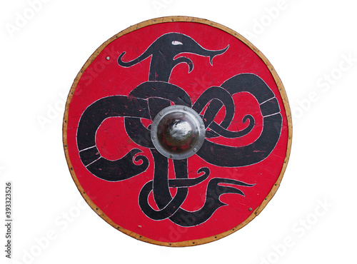 A Viking shield painted with a dragon motif.