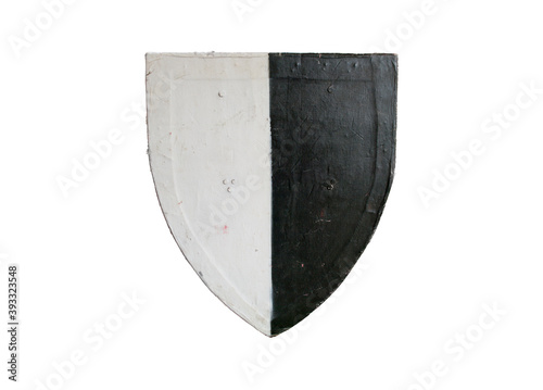 A wood and leather medieval shield painted black and white.