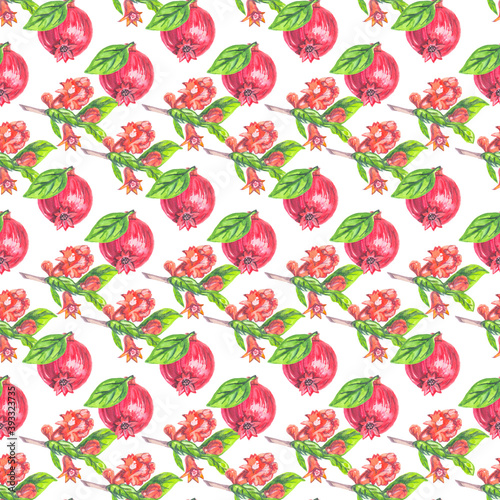 seamless watercolor pomegranate pattern on white background