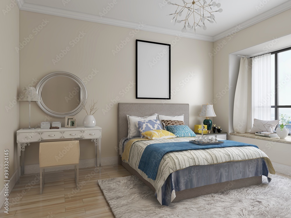 elegant and modern bedroom design, big bed with overcoat cabinet, coffee table