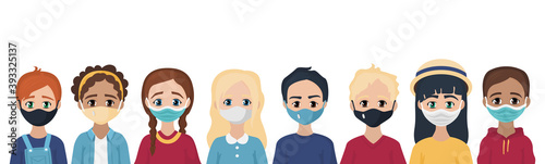 Kids in protection mask set. Children of different nationality wearing medical mask to prevent disease. 