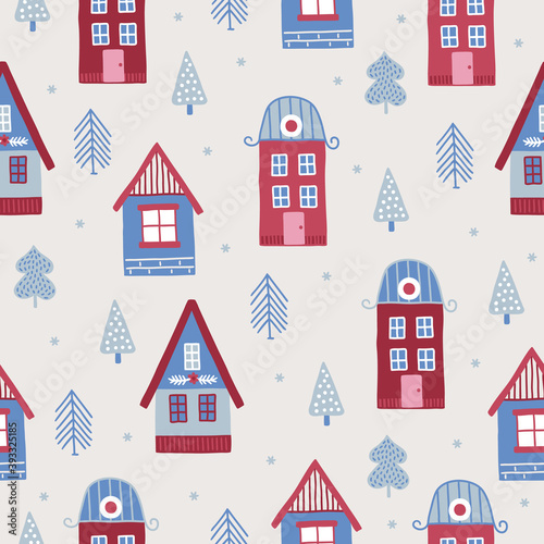 Christmas seamless pattern with forest, fir trees, houses, snowflakes