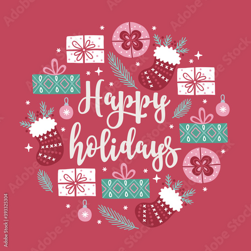 Scandinavian Christmas greeting card with gifts, socks, balls, snowflakes, stars